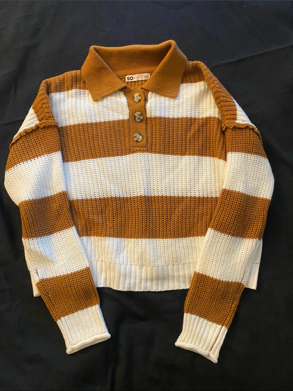SO Waffle-Knit Polo Stripe Sweater in Cream & Brown